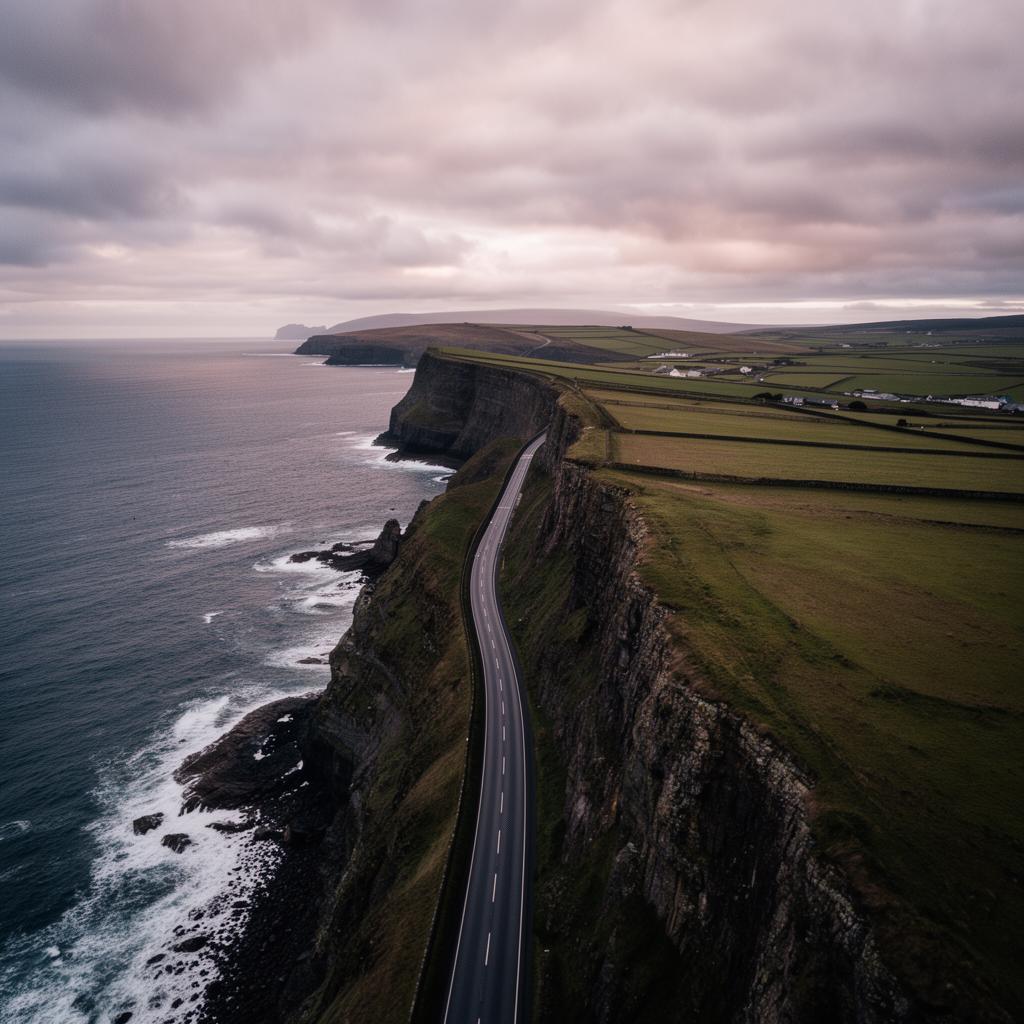 Aerial view of the Antrim coast cliffs and coastal road